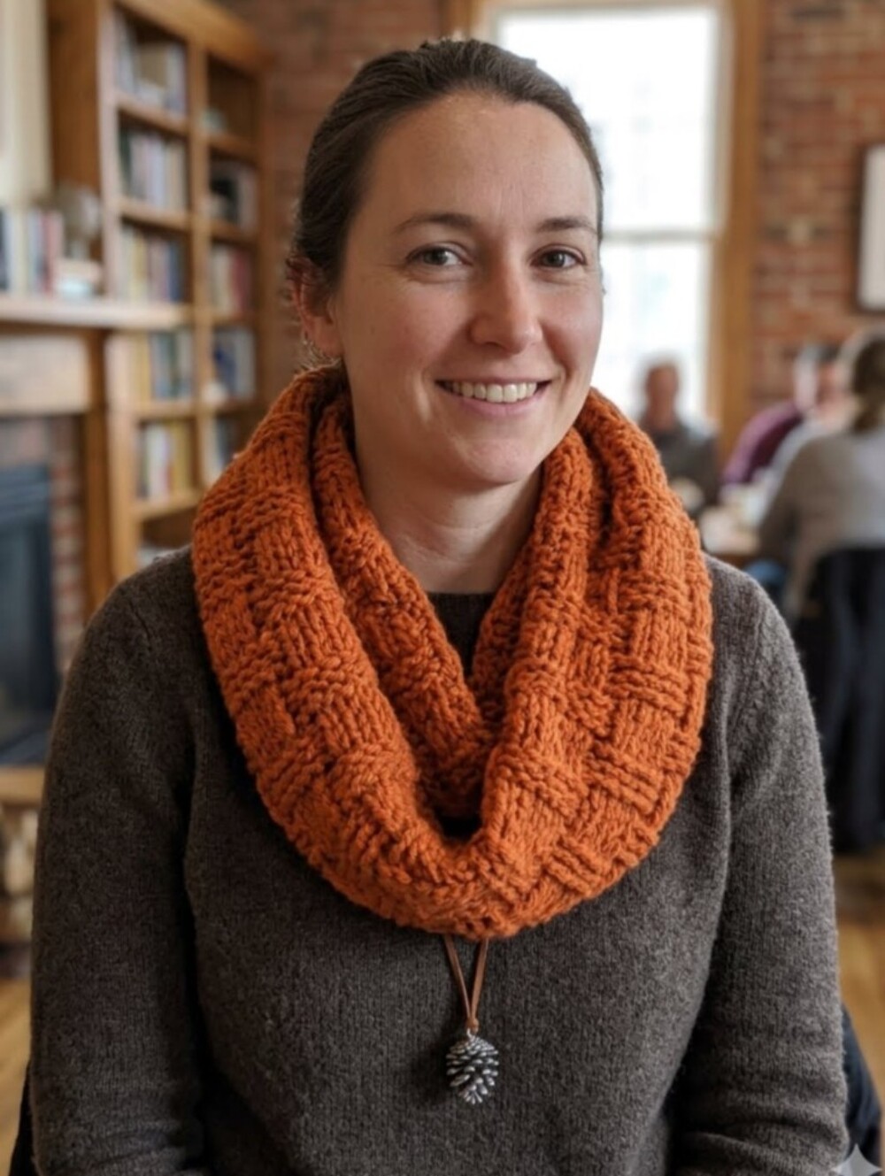 Hand Knit Basket Weave Thick Acrylic Infinity Scarf Burnt Orange